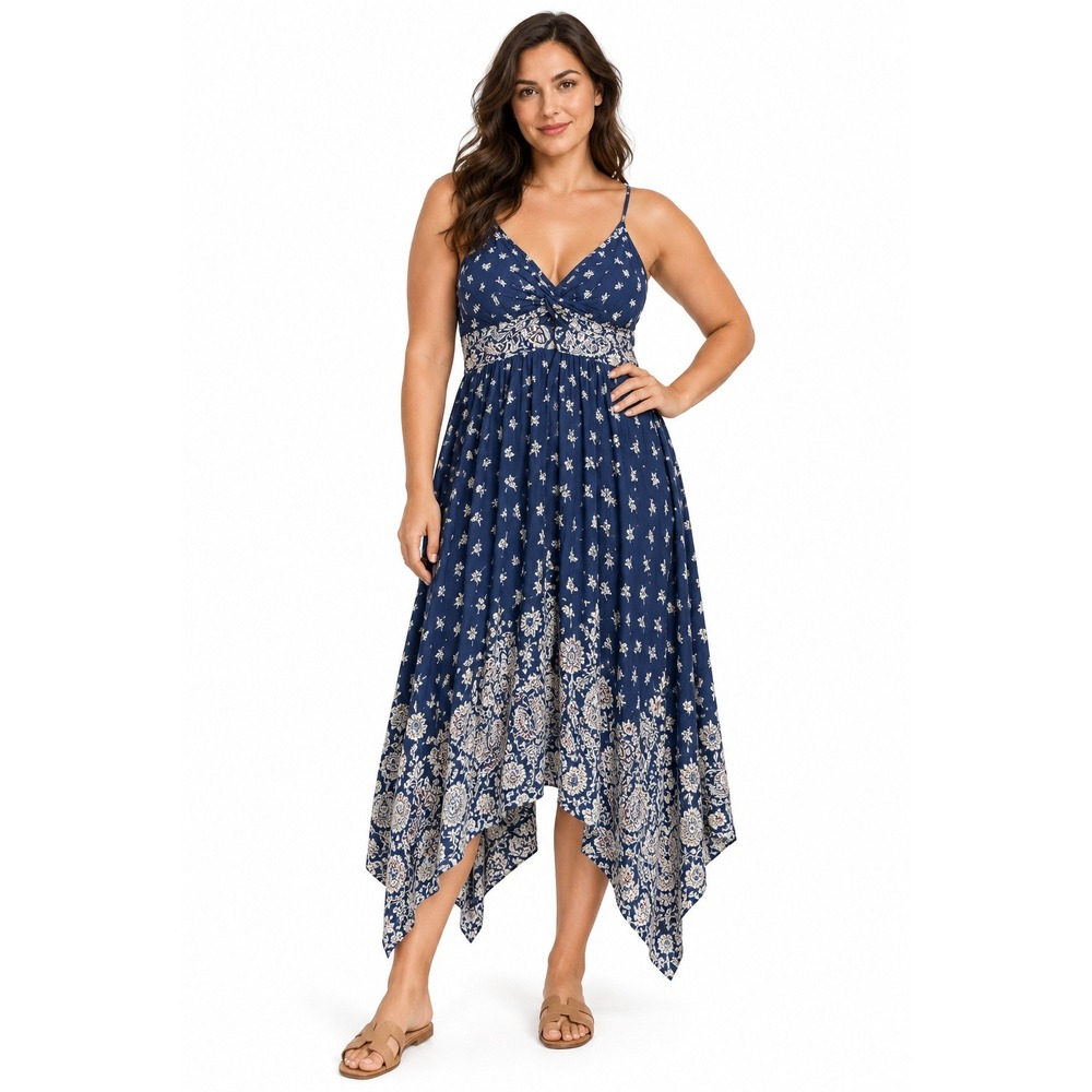 Boho Floral Handkerchief Angie Midi Dress Smocked Back Large Navy Blue